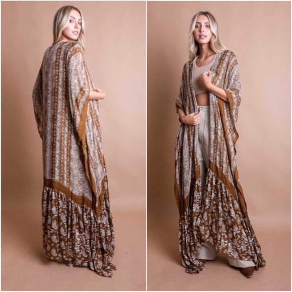 Boho Gypsy Denim Blue Paisley Ruffle Long Kimono Cover up - Picture 4 of 4